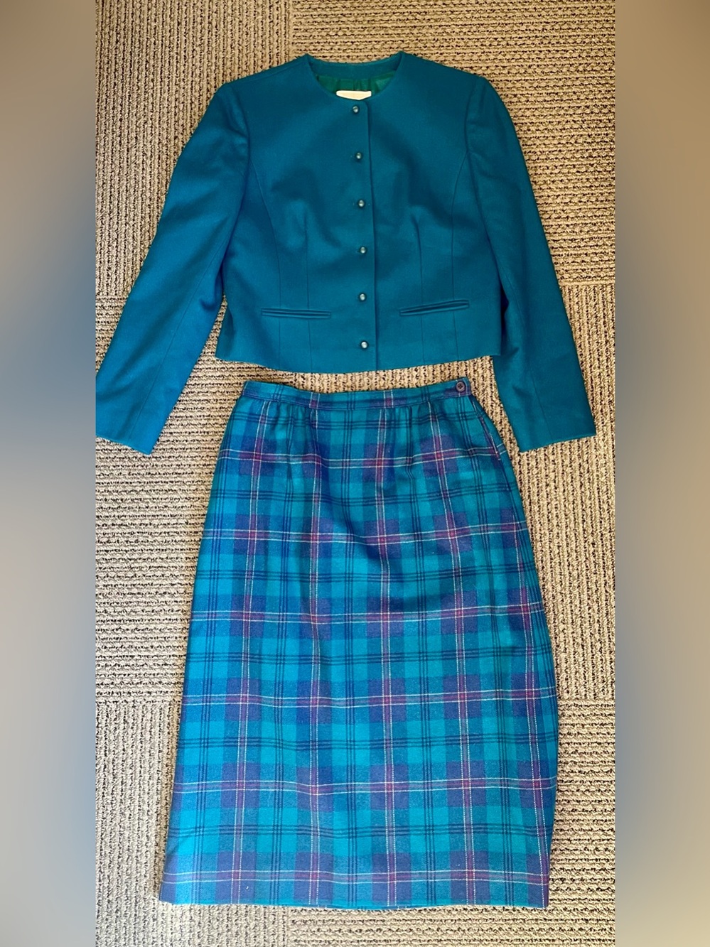 Pendleton Teal Blue Wool Blazer & Plaid Skirt Set